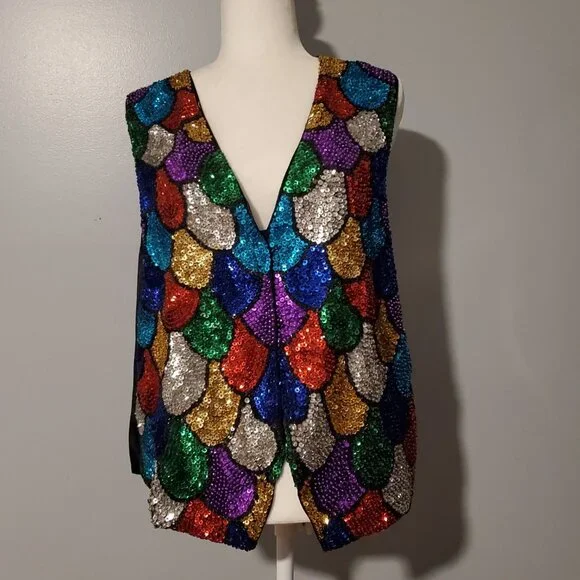 Vintage Venezia Sequins Multi Colored Bling Beaded Vest Rainbow Colors Dopamine - Picture 1 of 12